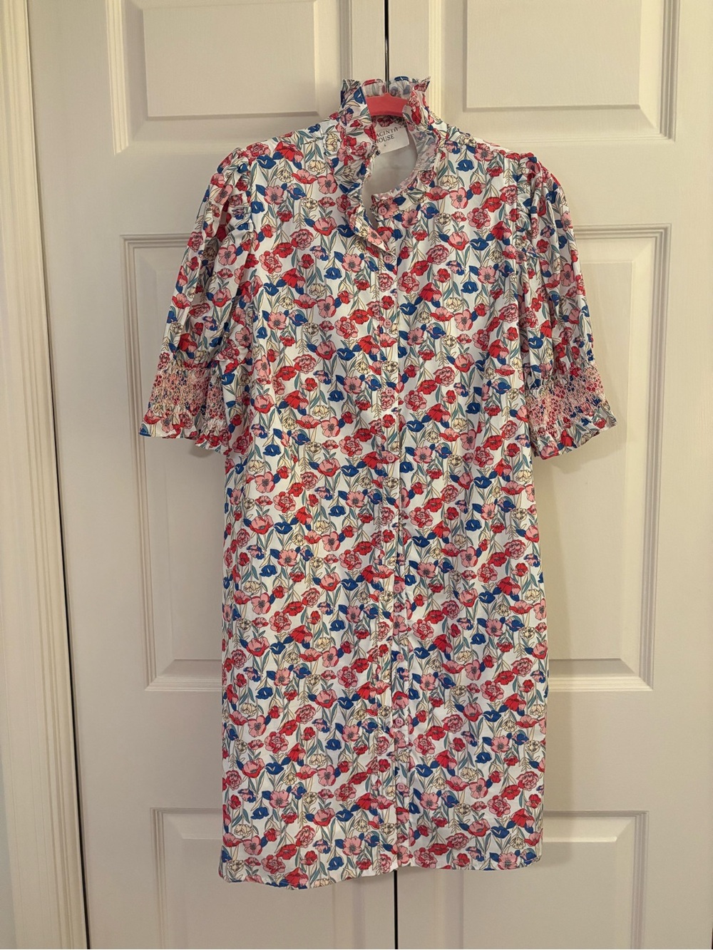 Tuckernuck Floral Button-Front Shift Dress in White with Red & Blue Flowers